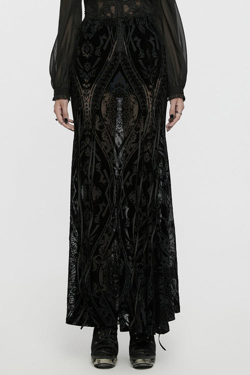 Black Embroidery Lace-Up Sheer Mesh Women's Gothic Skirt