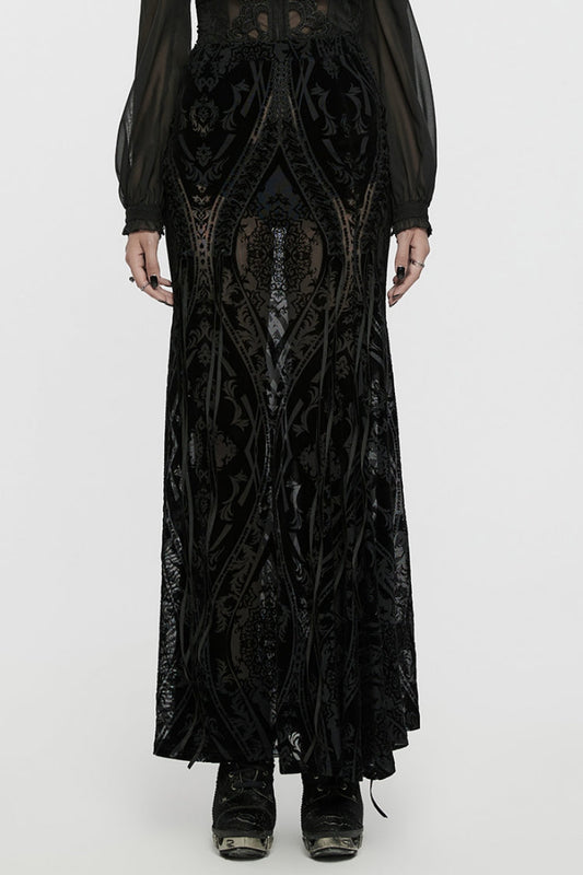 Black Embroidery Lace-Up Sheer Mesh Women's Gothic Skirt
