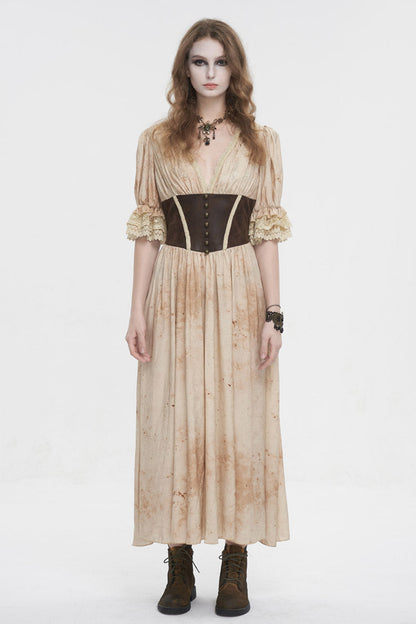Apricot Plunging Puff Sleeved High Waisted Lace Hem Long Women's Punk Dress