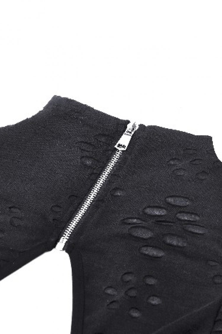 Black Long Sleeves Cut-Out Ripped Zippered Eyelets Women's Punk Distressed Top