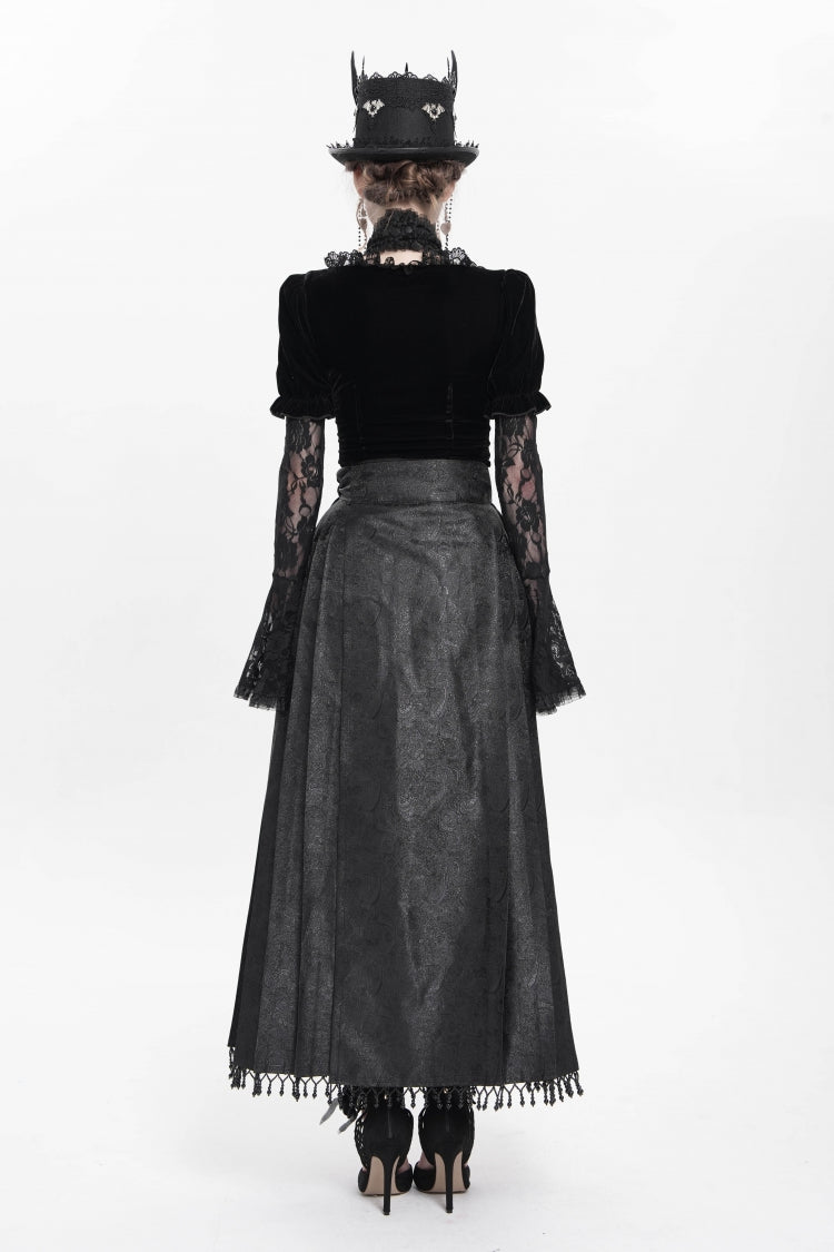 Black Floral Cross Embroidery Chain Women's Gothic Horse-face Long Skirt