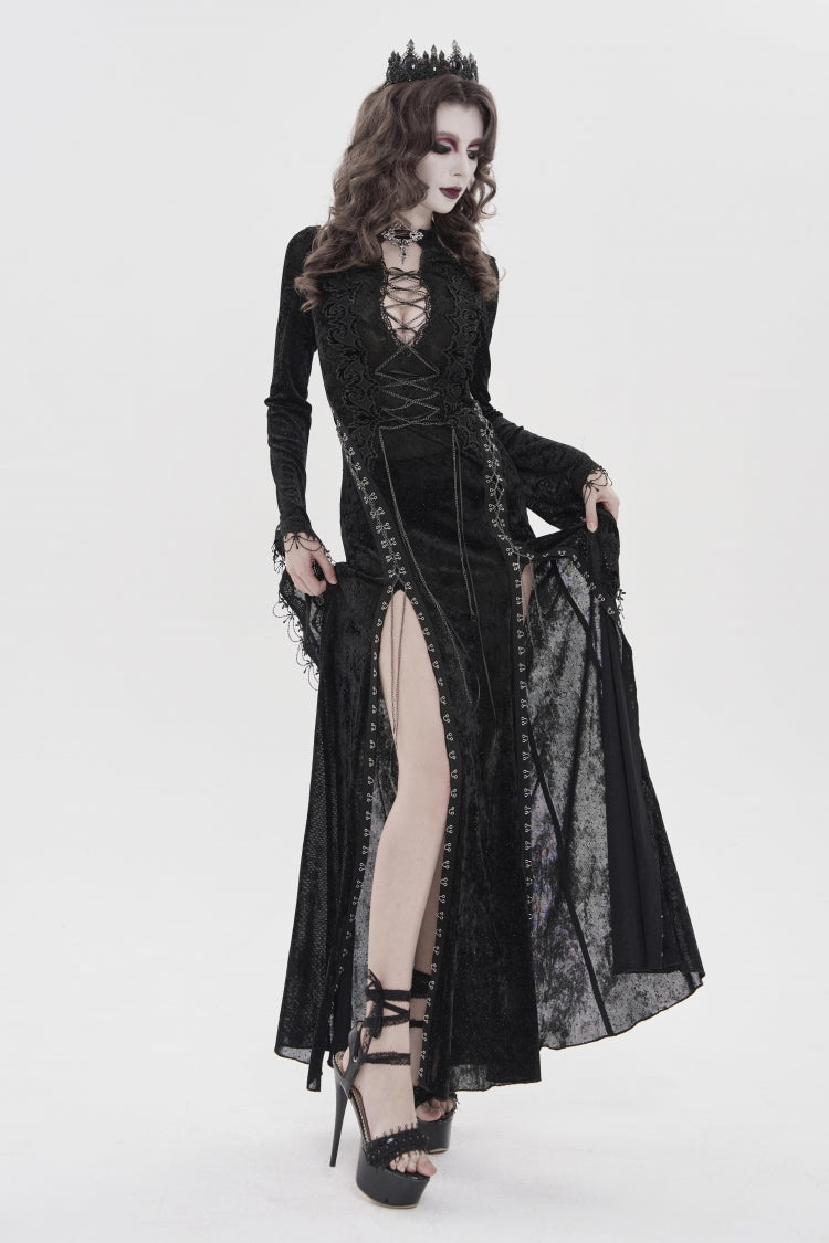 Black Halterneck Long Trumpet Sleeves Hanayome Lace Lace-Up Slim Chain-Decorated Women's Gothic Dress Plunging Split Maxi Dress
