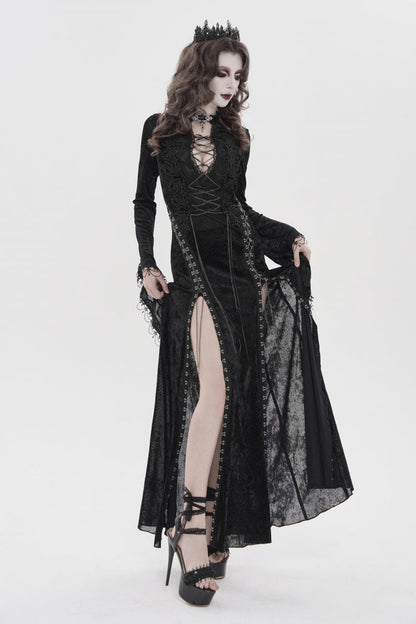 Black Halterneck Long Trumpet Sleeves Hanayome Lace Lace-Up Slim Chain-Decorated Women's Gothic Dress Plunging Split Maxi Dress