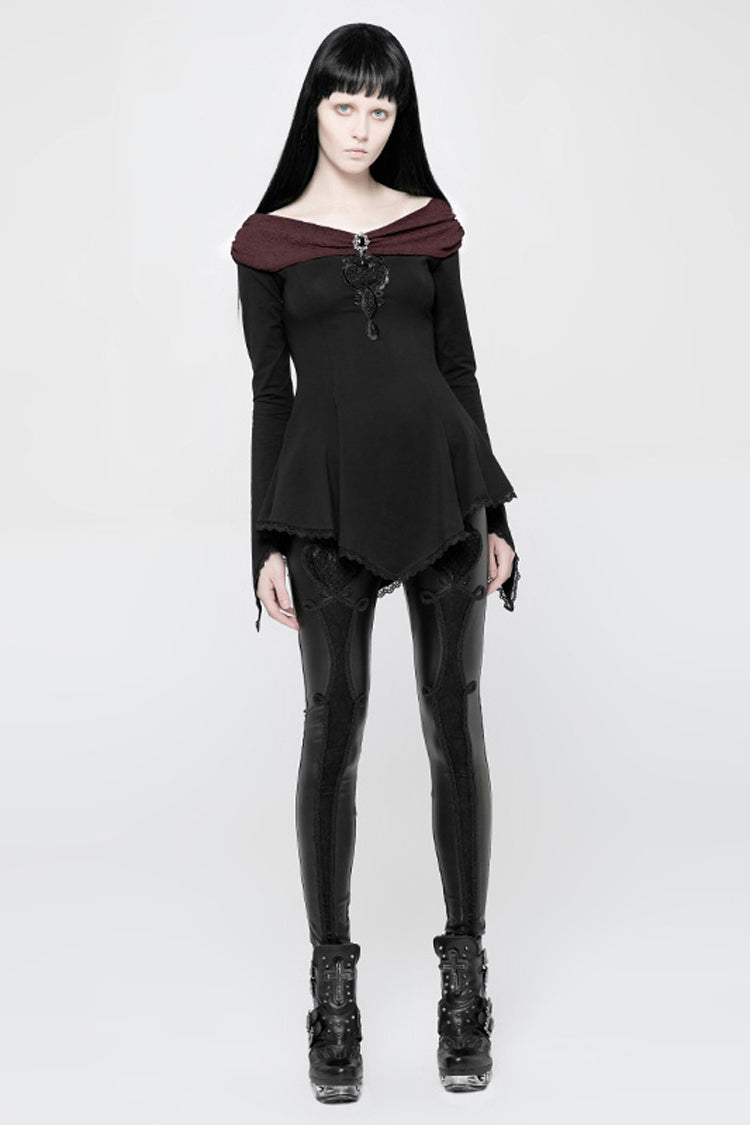 Black Bertha Neck Off Shoulder Long Sleeves Embroidery Women's Punk Blouse