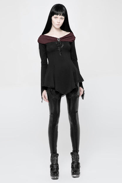 Black Bertha Neck Off Shoulder Long Sleeves Embroidery Women's Punk Blouse