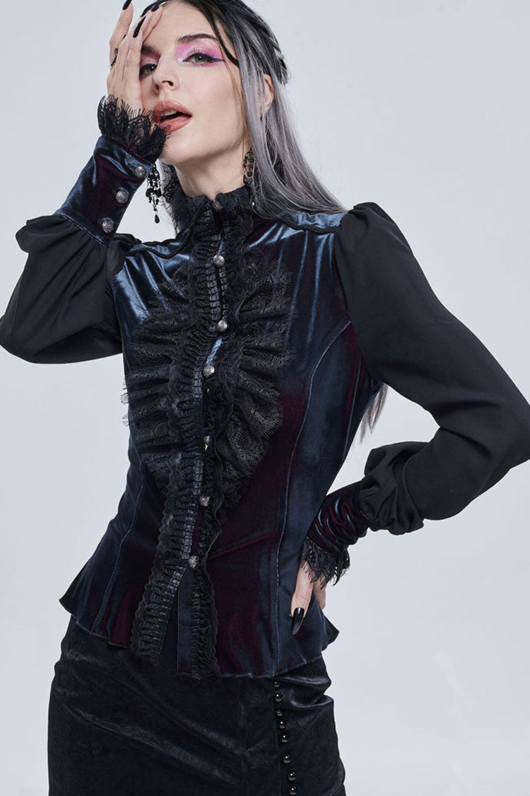 Black Gothic Turtleneck Three-Dimensional Lace Lantern Sleeves Stitched Velvet Lace-Up Long Sleeves Women's Shirt