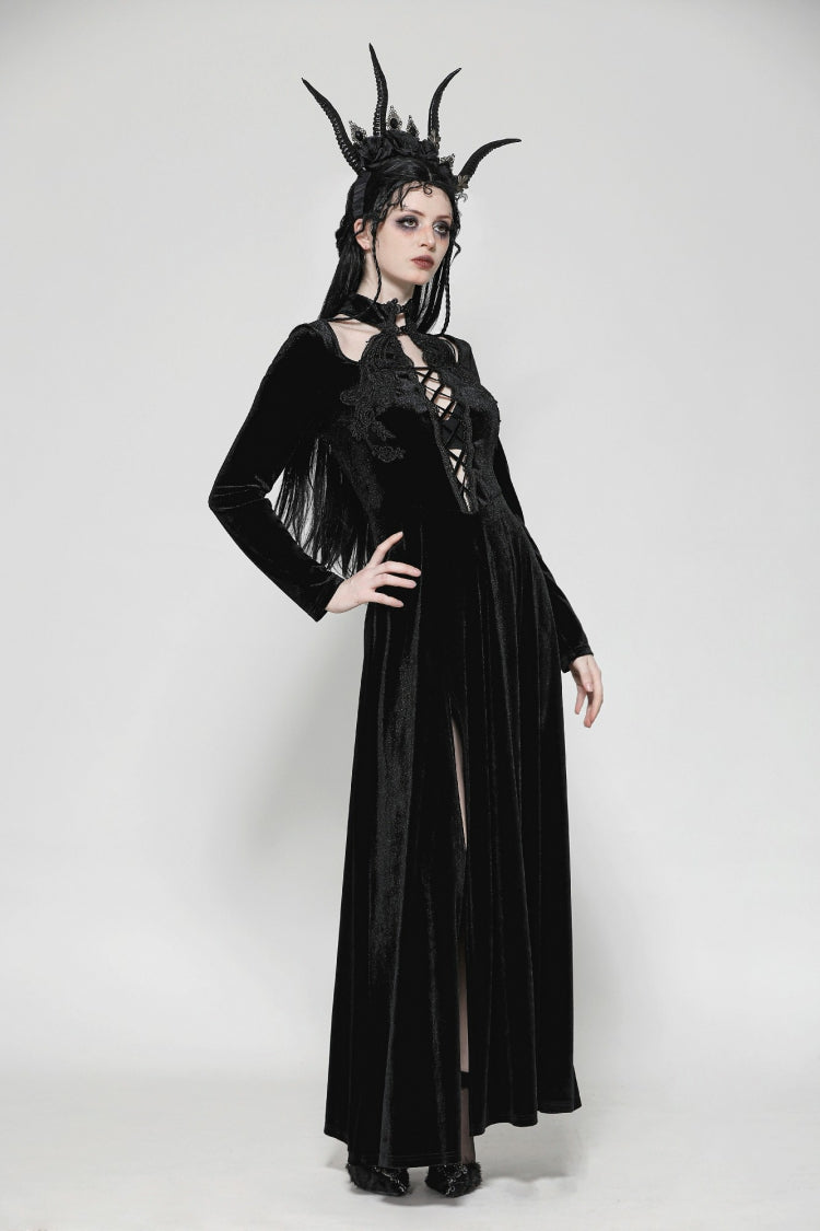 Black Long Sleeves Cut-Out Lace-Up Women's Gothic Side Slit Velvet Party Dress Wedding Dress