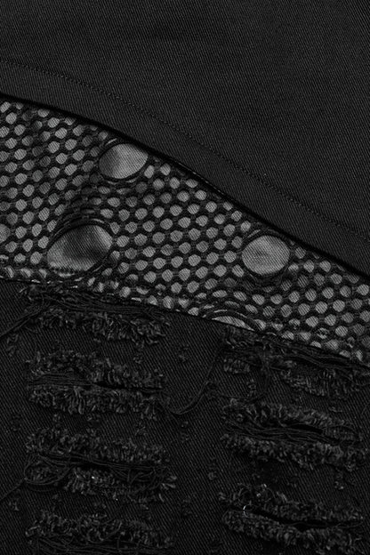 Black Embossed Stitching Mesh Ripped Women's Steampunk Straight Pants