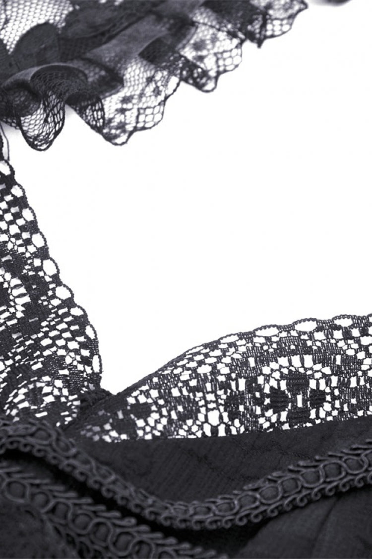 Black Off Shoulder Halterneck Sleeveless Irregular High Low Multi-Layered Lace Women's Gothic Dress