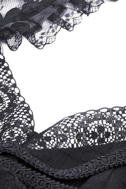 Black Off Shoulder Halterneck Sleeveless Irregular High Low Multi-Layered Lace Women's Gothic Dress