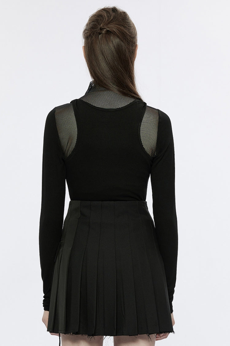 Black Long Sleeves Hollow Mesh Color Matching Fake Two Pieces Women's Punk T-Shirt