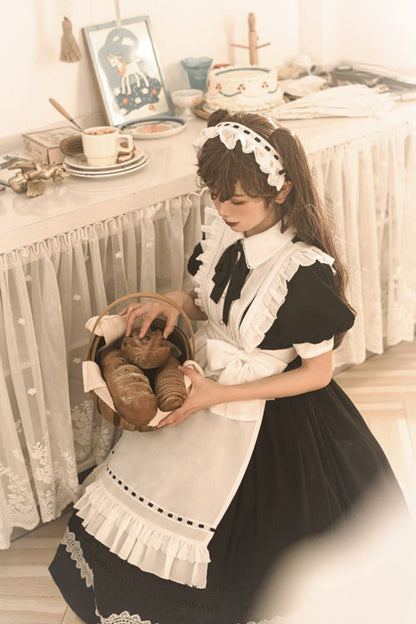 Black Lapel Collar Bowknot Short Sleeves Ruffled Sweet Lolita Maid OP Dress (Apron is included)