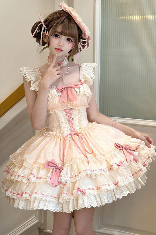 Apricot [Flory Butterfly] Double-Layered Ruffle Bowknot Lace Lace-Up Sweet Ballet Lolita Jsk Dress