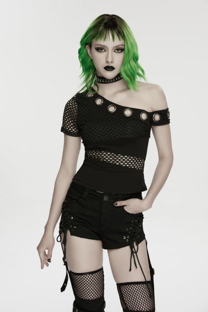 Black Off Shoulder Short Sleeves Slim Mesh Asymmetric Eyelet Women's Punk Cool Blouse