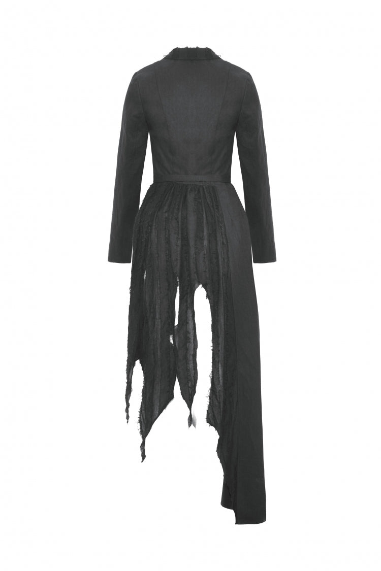 Black Peak Lapel Collar Long Sleeves Irregular Distressed Women's Gothic Punk Coat with Belt