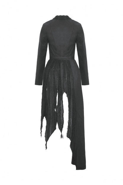 Black Peak Lapel Collar Long Sleeves Irregular Distressed Women's Gothic Punk Coat with Belt