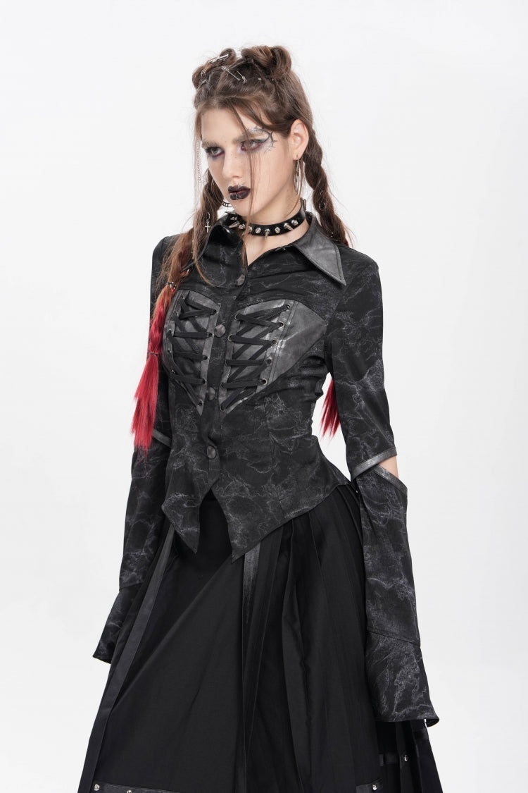 Black Lapel Collar Long Sleeves Print Lace-Up Cutout Women's Punk Blouse
