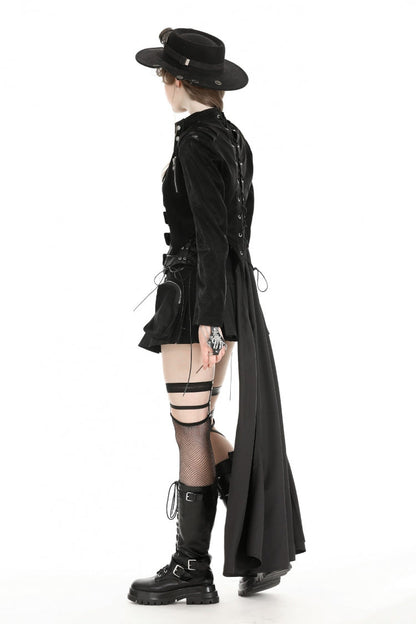 Black Long Sleeves Spliced Lace-Up Women's Gothic High Low Faux Leather Long Tail Jacket
