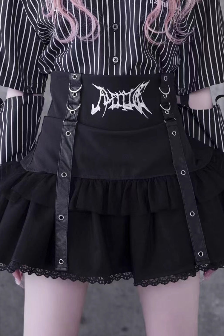 Black High Waisted Ruffle Embroidery Gothic Jirai Kei Japanese Skirt