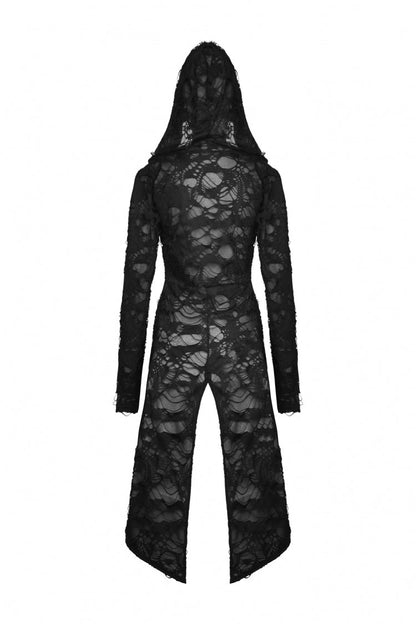 Black Long Sleeves Split Ripped Zippered Women's Punk Long Coat with Hood