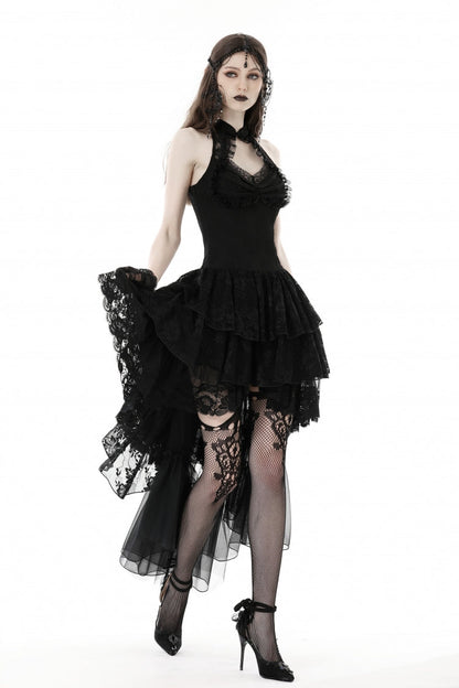 Black Off Shoulder Halterneck Sleeveless Irregular High Low Multi-Layered Lace Women's Gothic Dress