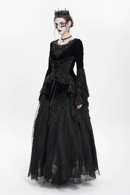 Black Long Sleeves Lace-Up Beaded Pleated Women's Gothic Blouse