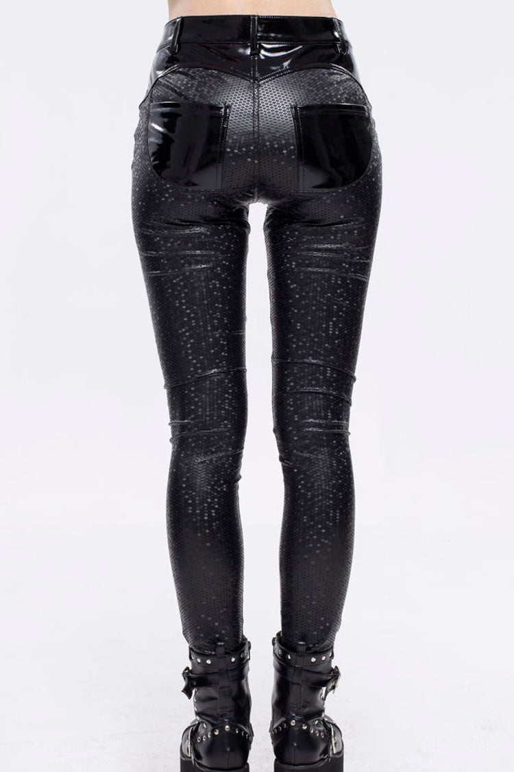 Black Gothic Hexagon Pattern Irregular Star Reflection Shiny Elasticity Leather Women's Leggings