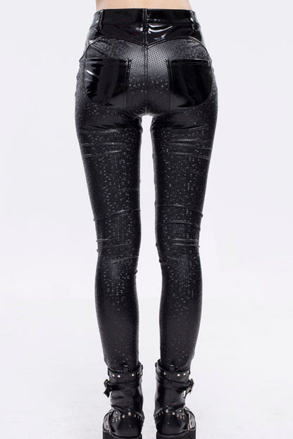 Black Gothic Hexagon Pattern Irregular Star Reflection Shiny Elasticity Leather Women's Leggings