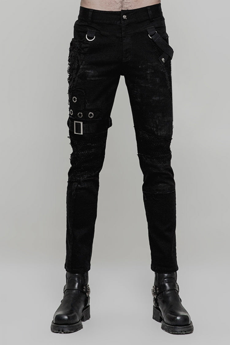 Black Metal Ring Buckles Stitching Mesh Men's Steampunk Pants