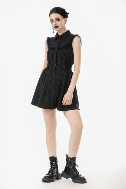 Black Lapel Collar Sleeveless Lace Women's Gothic Button-Front Dress Graduation Dress