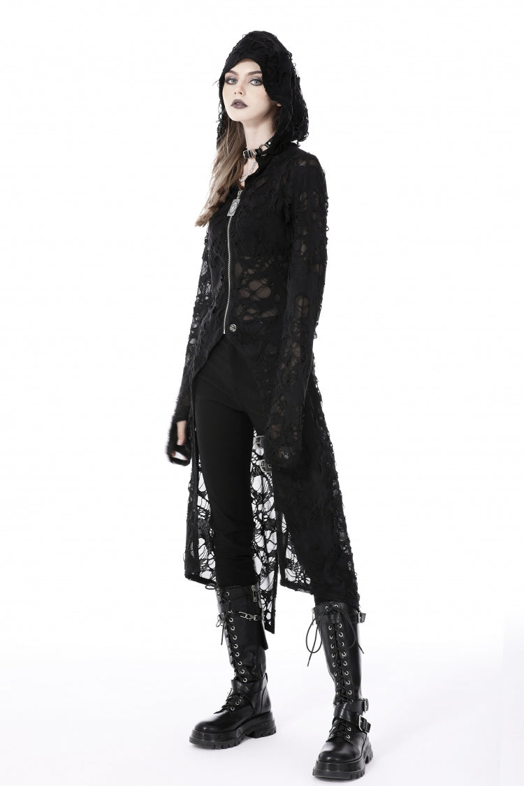 Black Long Sleeves Split Ripped Zippered Women's Punk Long Coat with Hood