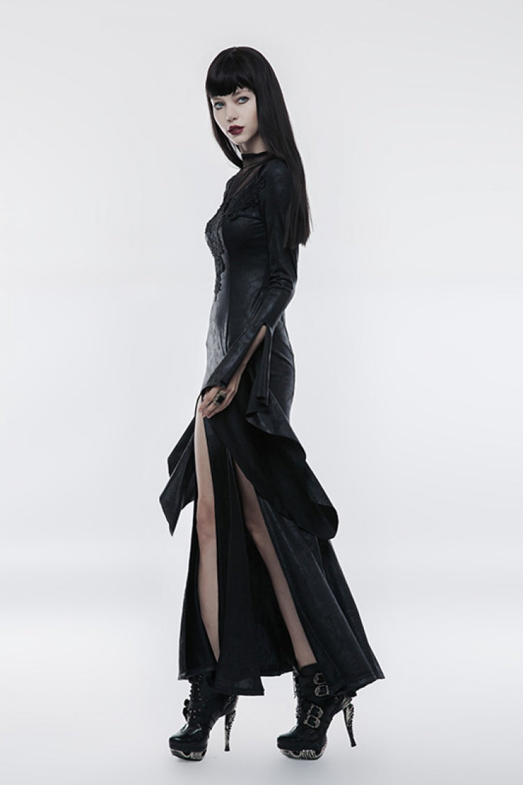 Black Long Trumpet Sleeves Embroidery Women's Gothic Gorgeous Open Forklift High Cross Dress