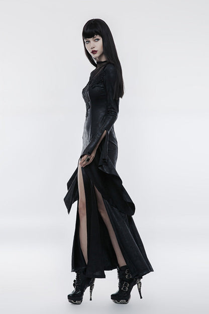 Black Long Trumpet Sleeves Embroidery Women's Gothic Gorgeous Open Forklift High Cross Dress