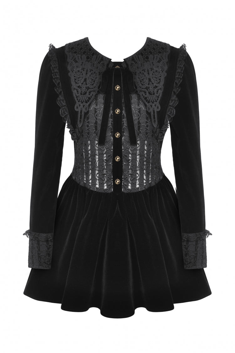 Black Long Sleeves Lace Women's Gothic Velvet Short Dress
