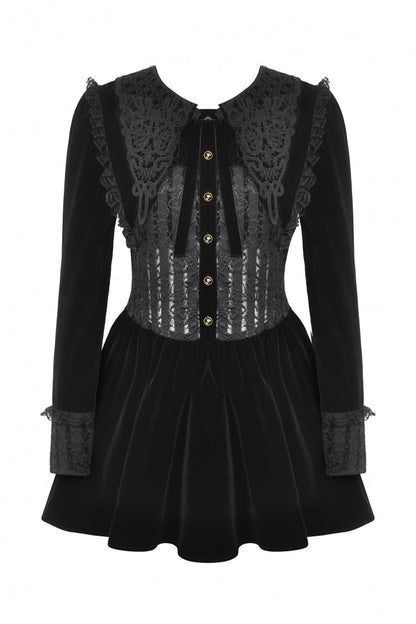 Black Long Sleeves Lace Women's Gothic Velvet Short Dress