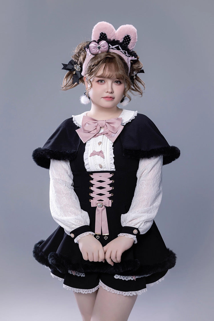 Black Long Sleeves Ruffle Bowknot Lace-Up Japanese Jirai Kei Dress Shorts Plush Set