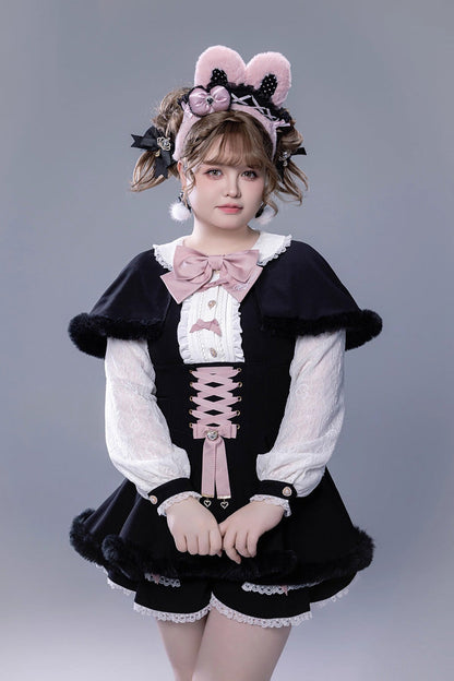 Black Long Sleeves Ruffle Bowknot Lace-Up Japanese Jirai Kei Dress Shorts Plush Set