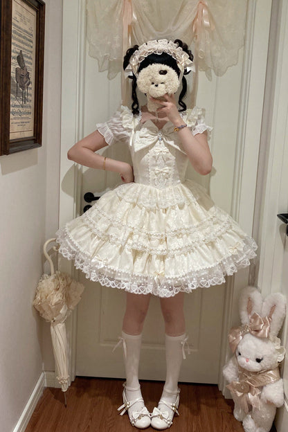 Beige [Sweet Mist Cherry Romance] Sleeveless Multi-Layered Hanayome Bow Lace Lolita Jsk Dress