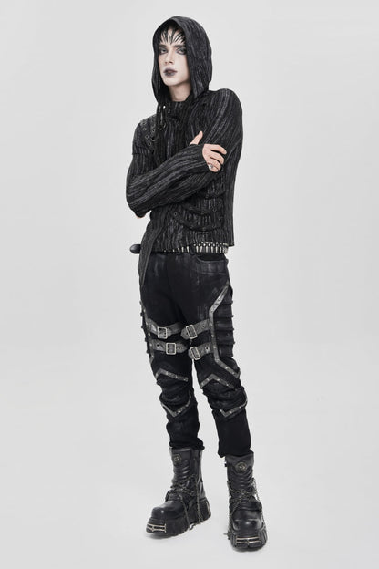 Black Long Sleeves Irregular Hooded Straps Eyelet Men's Punk Blouse