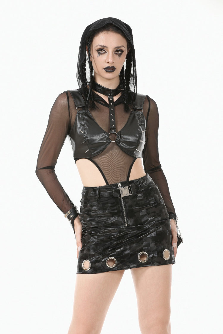 Black Metal Studded Women's Punk Faux Leather Bustier Crop Top with Adjustable Clasps