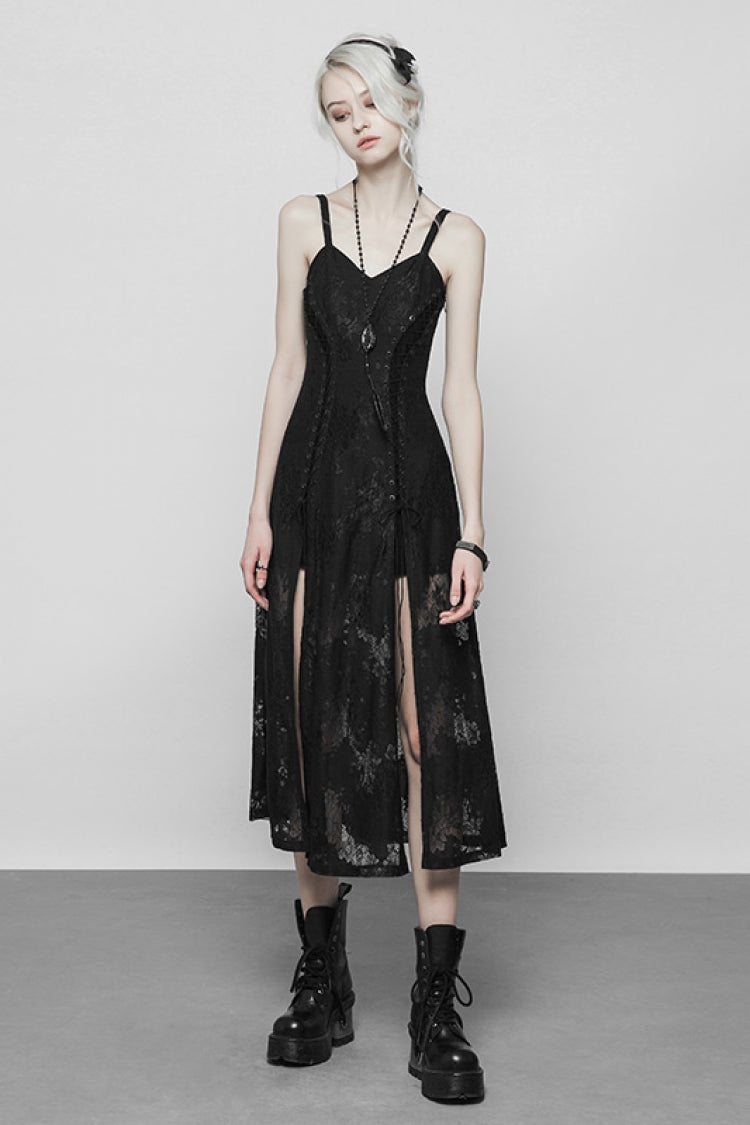 Black Lace Women's Bandage Strap Gothic Vintage Long Dress