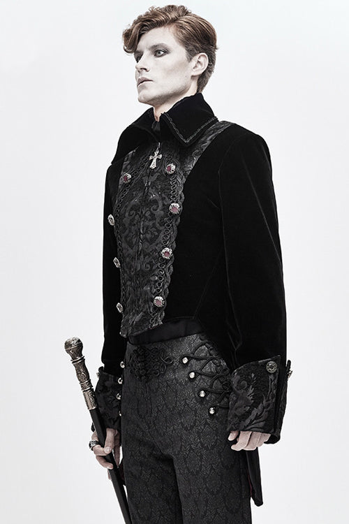 Black Court Pattern Lapel Collar Velvet Mens Gothic Coat