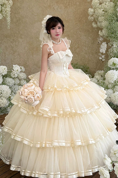 Apricot [Sweet Organza Satin] Sleeveless Multi-Layered Ruffled Hanayome Bow Lace Sweet Elegant Princess Lolita Jsk Dress