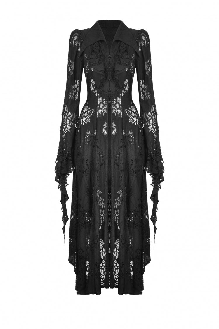 Black Lapel Collar Long Sleeves Ruffled Irregular Lace Lace-Up Women's Gothic Jacket Dress