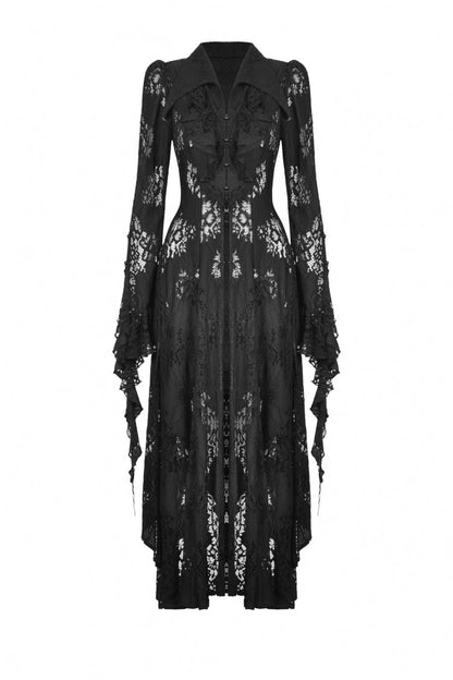 Black Lapel Collar Long Sleeves Ruffled Irregular Lace Lace-Up Women's Gothic Jacket Dress