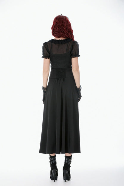 Black High Waisted Floral Printed Lace Mesh Women's Gothic Elegant Long Skirt