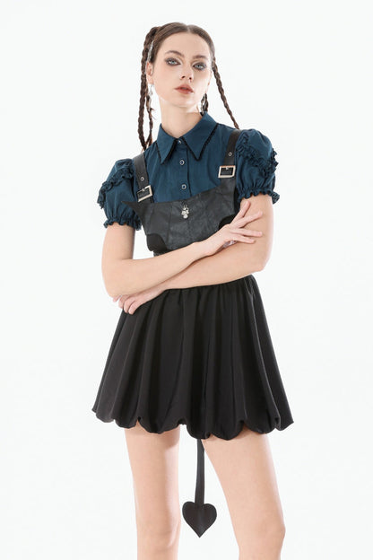 Black Bat Wing Buckled Women's Gothic Suspender Dress Graduation Dress with Tail
