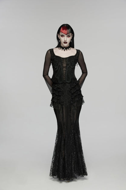 Black Embroidered Spliced Ruffled Lace Slim Mesh Women's Gothic  Mermaid Skirt