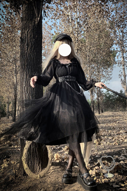 Black Long Sleeves Ruffle Bowknot Stitching Lace Gothic Plus Size Lolita Dress