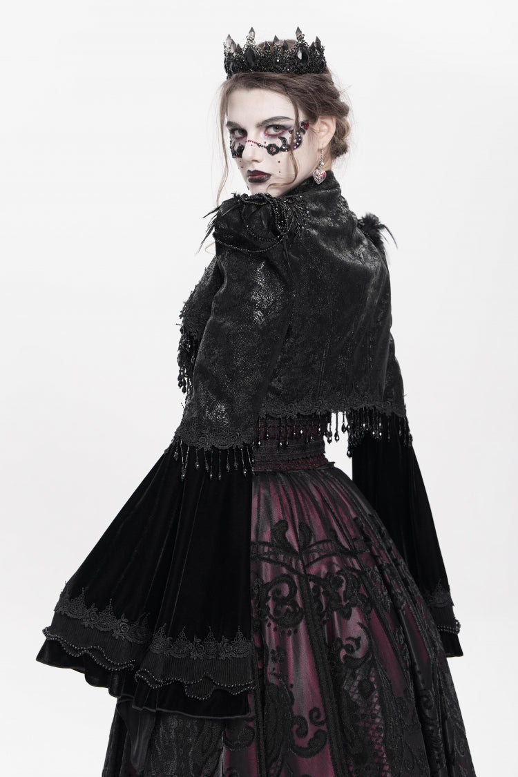 Black Long Sleeves Floral Embroidery Women's Gothic Beaded Frog Short Jacket